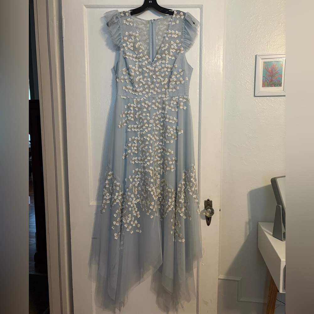 BCBGMaxAzria Light Blue Dress with White and Gold Embroidery